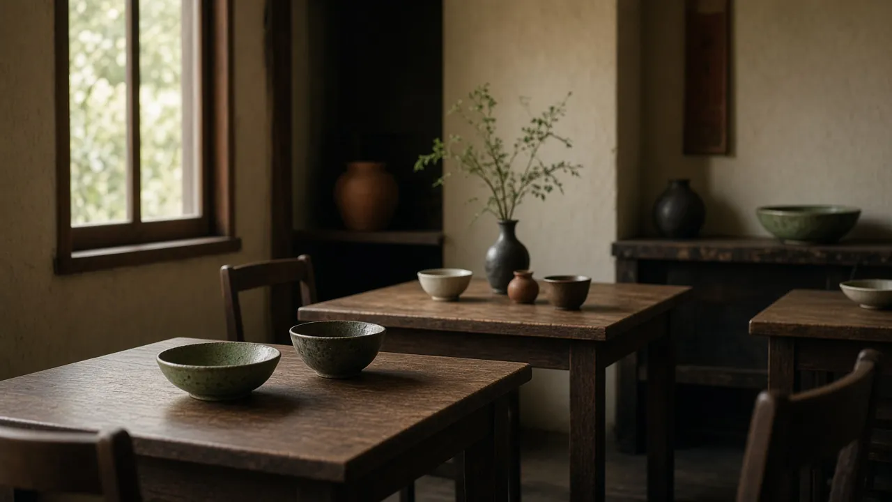 Comedor con mesas de madera, cuencos y luz de ventana.