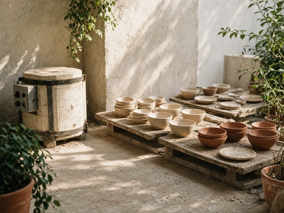 Patio con cuencos secándose y un horno chico.